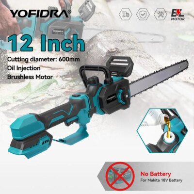 YOFIDRA 12Inch 7000W Brushless Chainsaw Cordless Pruning Chain Saws Garden Wood Cutting Power Tools For Makita Battery Pin