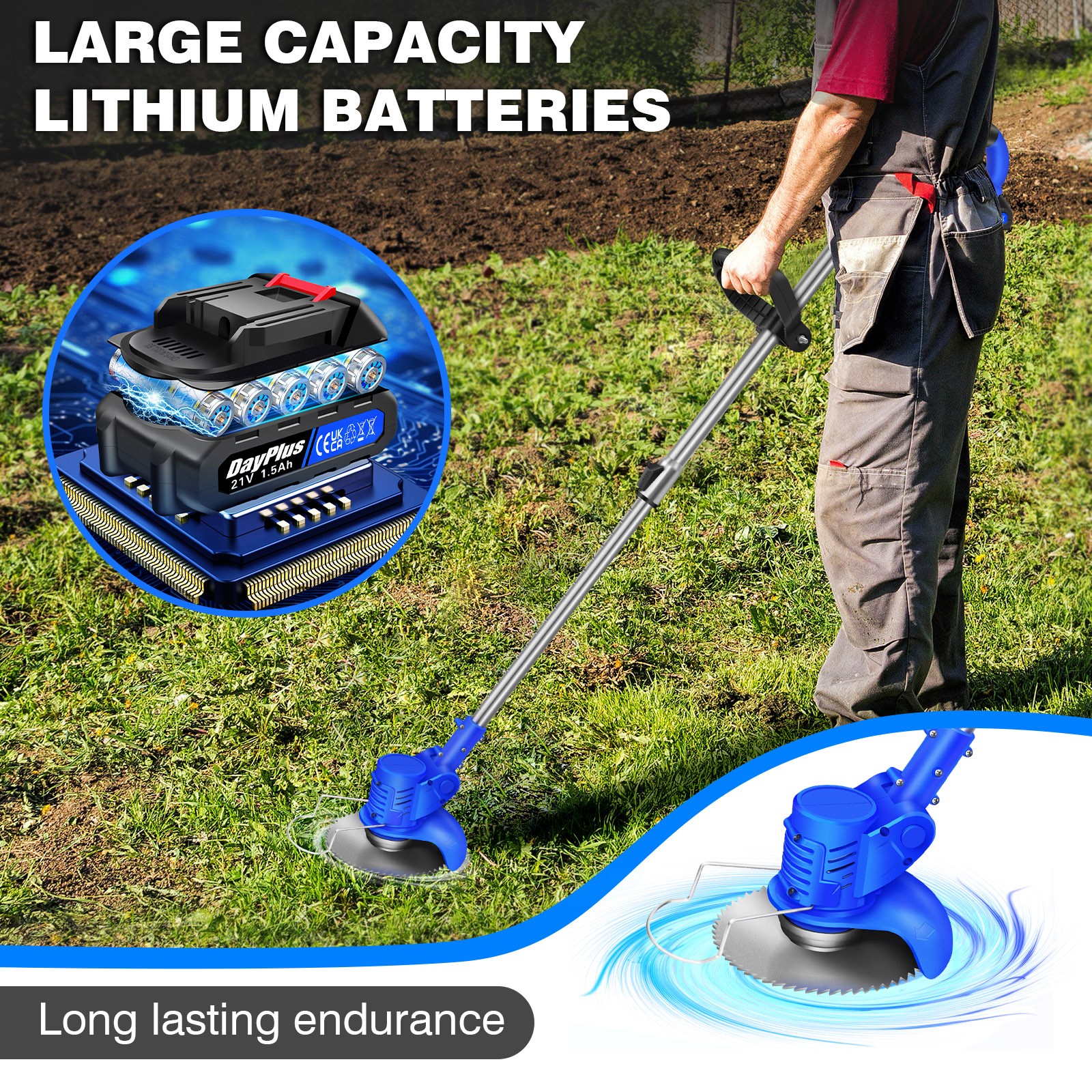 21V Grass Trimmer Electric Cordless Strimmer with 2x Battery, Lawn Mower, Pruning Cutter Garden Tools Weed Hedge Trimmer Edge