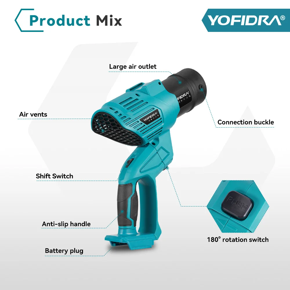 YOFIDRA 3000W 2In1 Brushless Electric Turbo Fan Blowers High Power Air Blower Leaf Snow Dust Cleaning Tool ForMakita Battery Pin