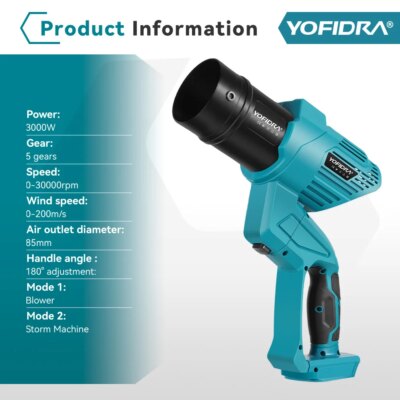 YOFIDRA 3000W 2In1 Brushless Electric Turbo Fan Blowers High Power Air Blower Leaf Snow Dust Cleaning Tool ForMakita Battery Pin - Image 6