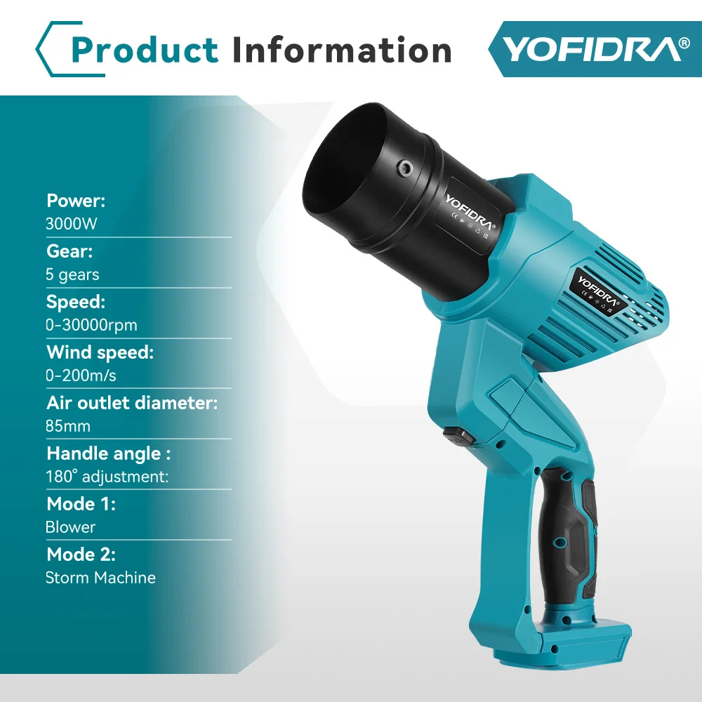 YOFIDRA 3000W 2In1 Brushless Electric Turbo Fan Blowers High Power Air Blower Leaf Snow Dust Cleaning Tool ForMakita Battery Pin