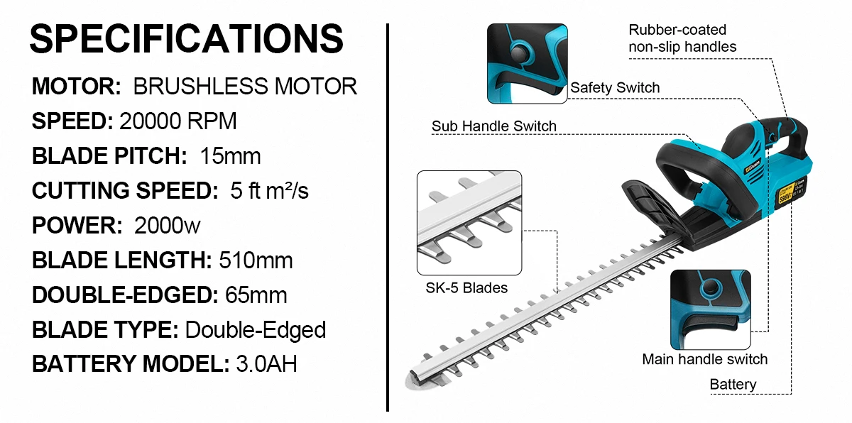 Gisam 20000RPM Brushless Electric Hedge Trimmer Lawn Mower Garden Landscaping Hedge Pruner Trimmer For Makita 18V Battery Pin