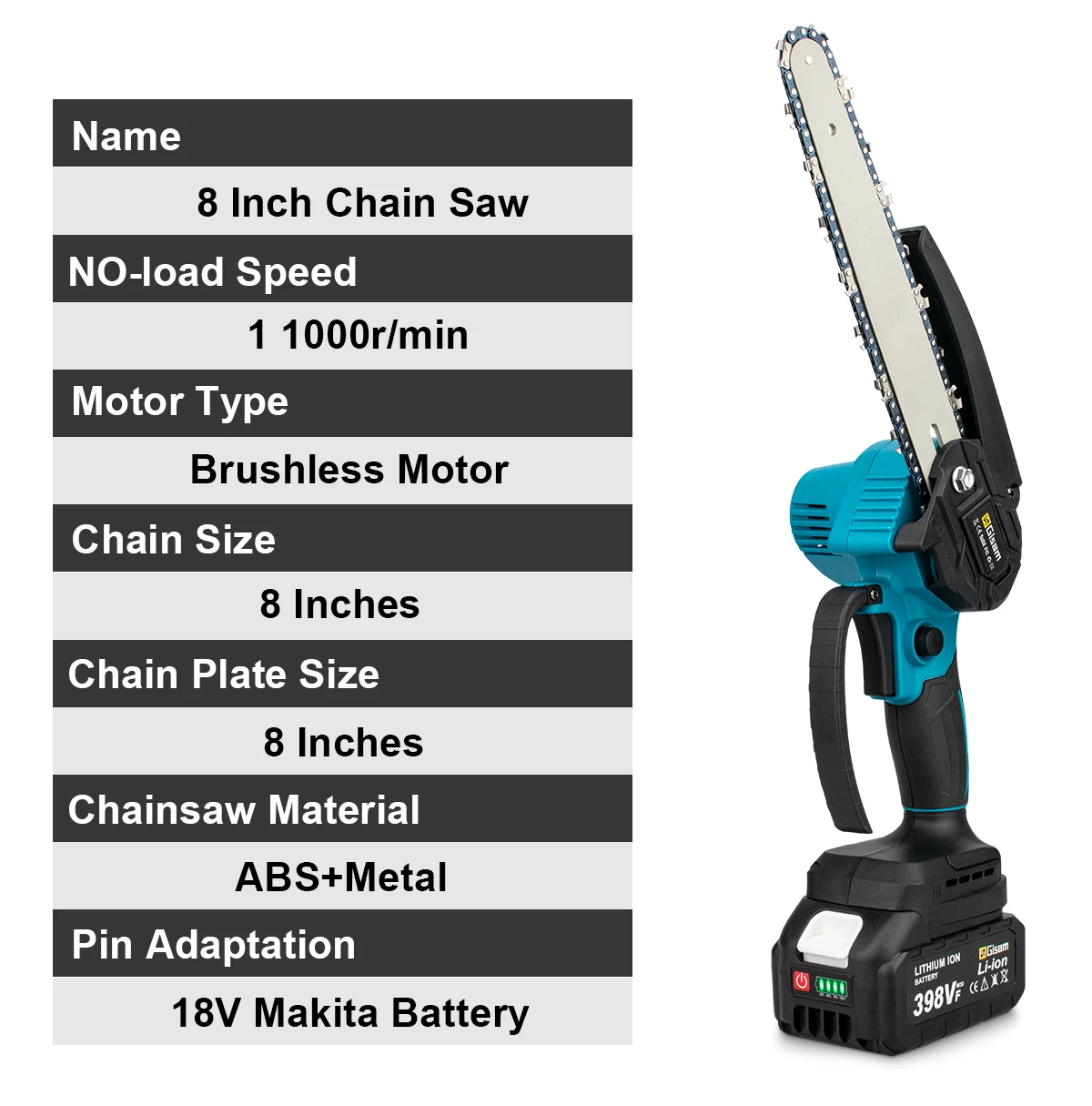 Gisam 8Inch Brushless Electric Saw Cordless Chainsaw Handheld Garden Wood Logging Chainsaw Power Tool for Makita 18V Battery Pin