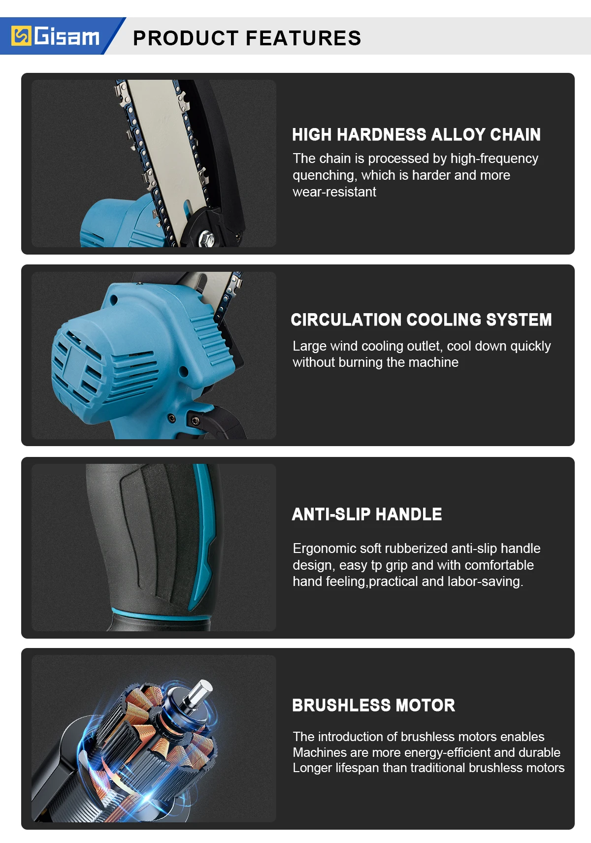 Gisam 8Inch Brushless Electric Saw Cordless Chainsaw Handheld Garden Wood Logging Chainsaw Power Tool for Makita 18V Battery Pin