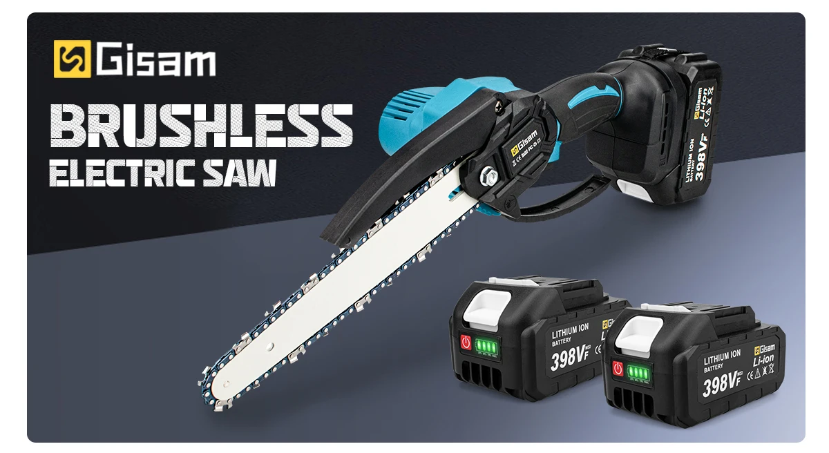 Gisam 8Inch Brushless Electric Saw Cordless Chainsaw Handheld Garden Wood Logging Chainsaw Power Tool for Makita 18V Battery Pin