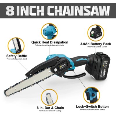 Gisam 8Inch Brushless Electric Saw Cordless Chainsaw Handheld Garden Wood Logging Chainsaw Power Tool for Makita 18V Battery Pin - Image 3