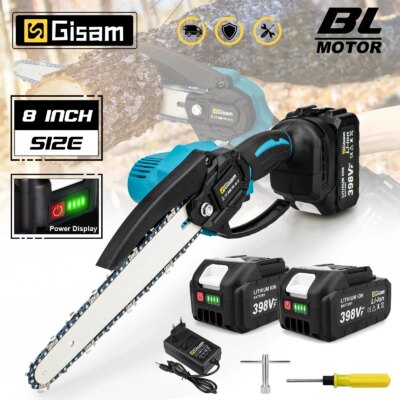 Gisam 8Inch Brushless Electric Saw Cordless Chainsaw Handheld Garden Wood Logging Chainsaw Power Tool for Makita 18V Battery Pin