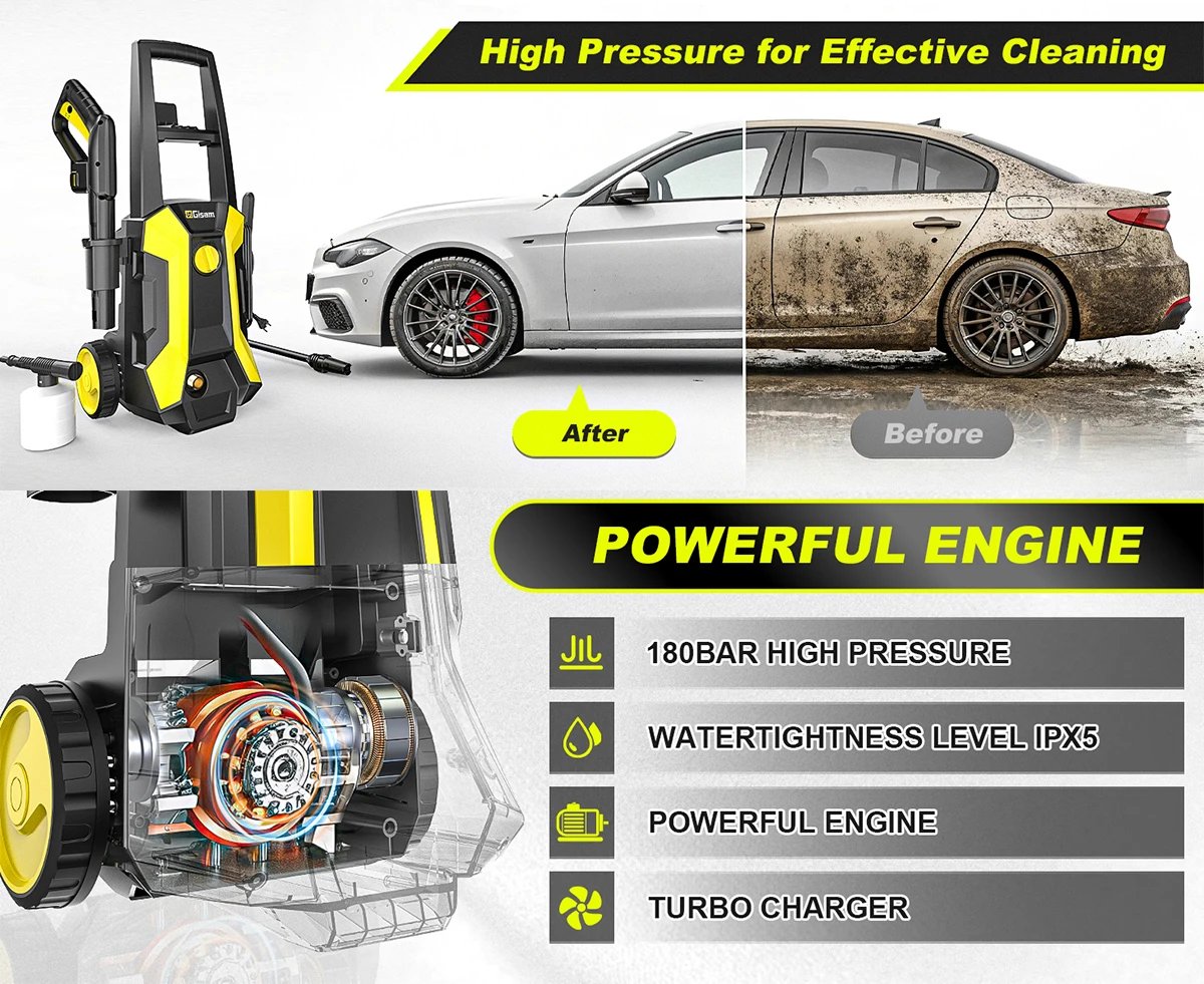 Gisam 180Bar 2200W Electric High Pressure Washer Car Washer Gun Garden Washing Water Wash Spray Gun 180° Adjustable Nozzle