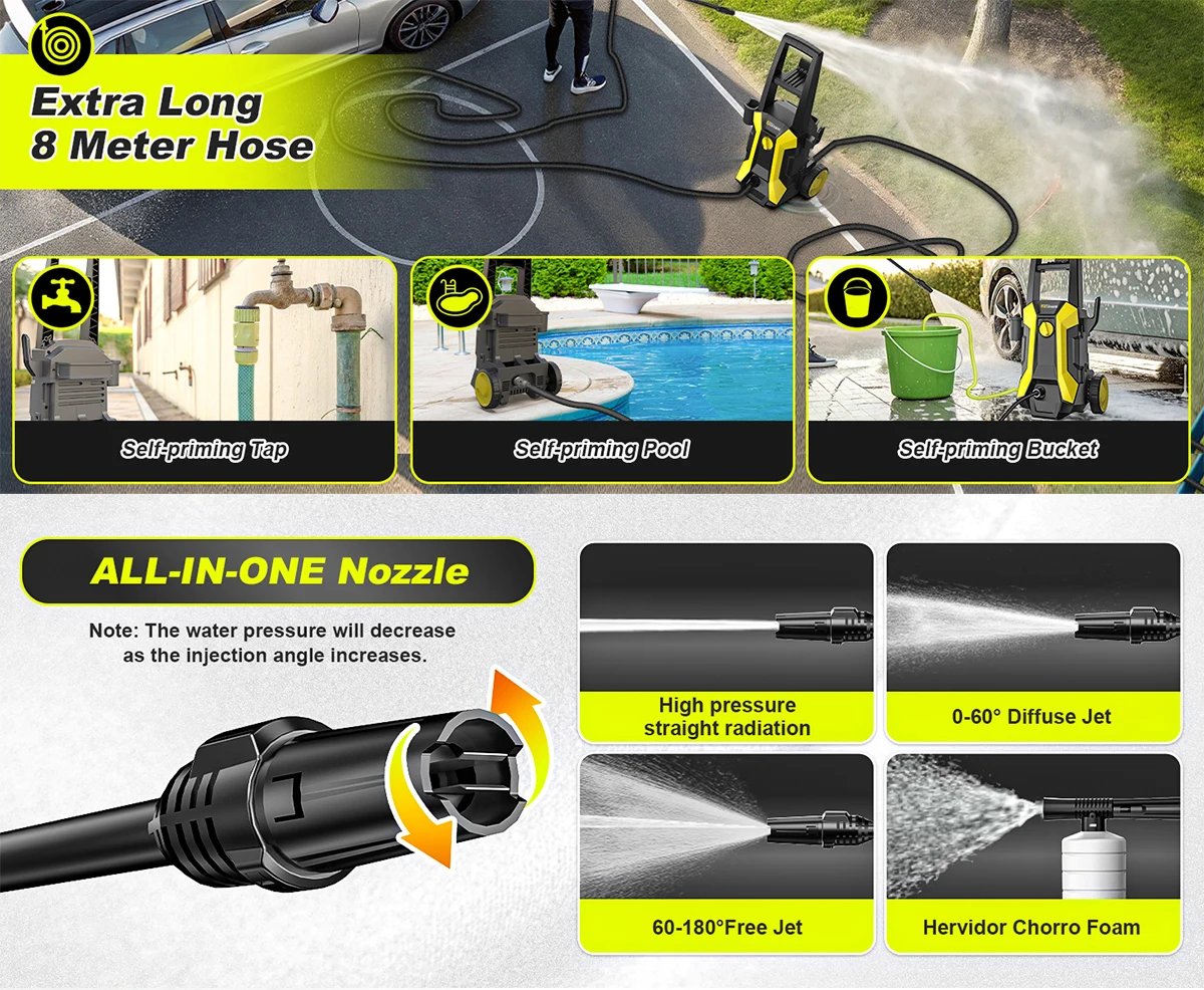 Gisam 180Bar 2200W Electric High Pressure Washer Car Washer Gun Garden Washing Water Wash Spray Gun 180° Adjustable Nozzle