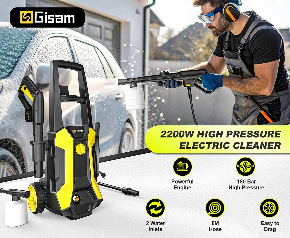Gisam 180Bar 2200W Electric High Pressure Washer Car Washer Gun Garden Washing Water Wash Spray Gun 180° Adjustable Nozzle