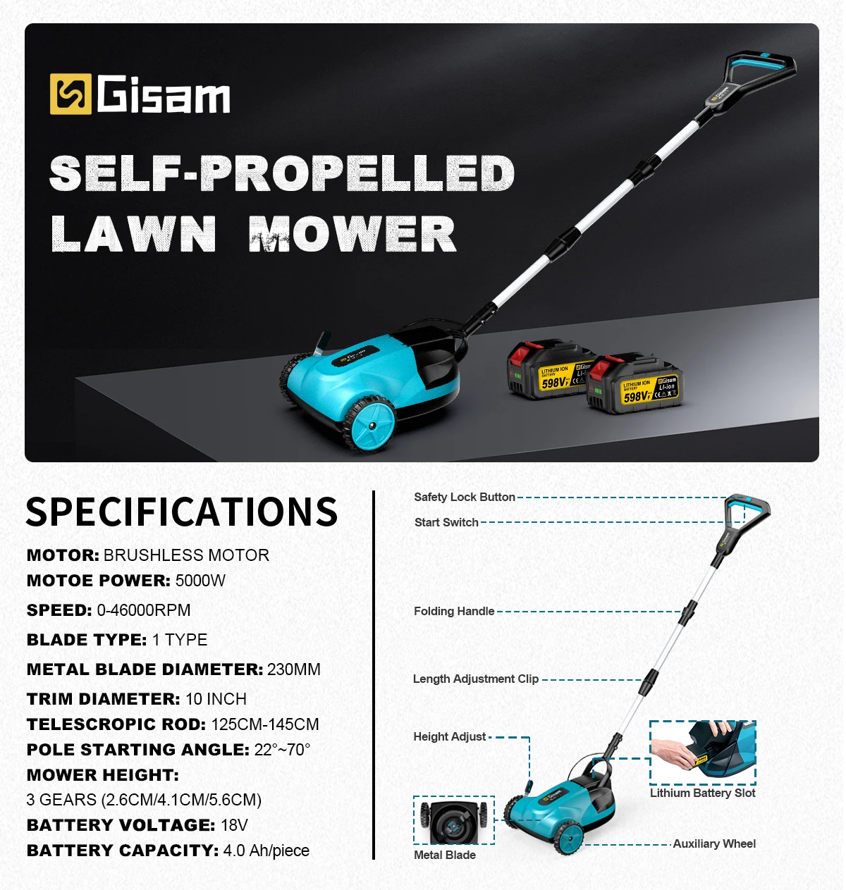 Gisam 46000RPM Brushless Electric Lawn Mower Cordless Grass Trimmer 3 Height Adjustments Garden Tool For Makita 18V Battery Pin