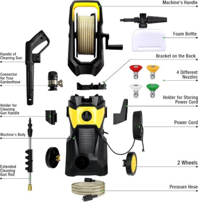 Electric High Pressure Washer2200W,150bar,4 quick-connect nozzles from 0 to 180°,10m Flexible Hose,for Terraces,Gardens,Cars - Image 6