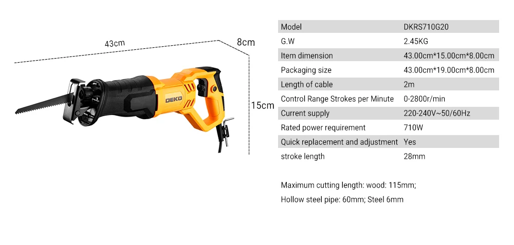DEKO NEW DKRS710G20 710W Electric Saw Reciprocating Saw with Saw Blades Jigsaw Chainsaw Tools for Wood DIY Electric Tools