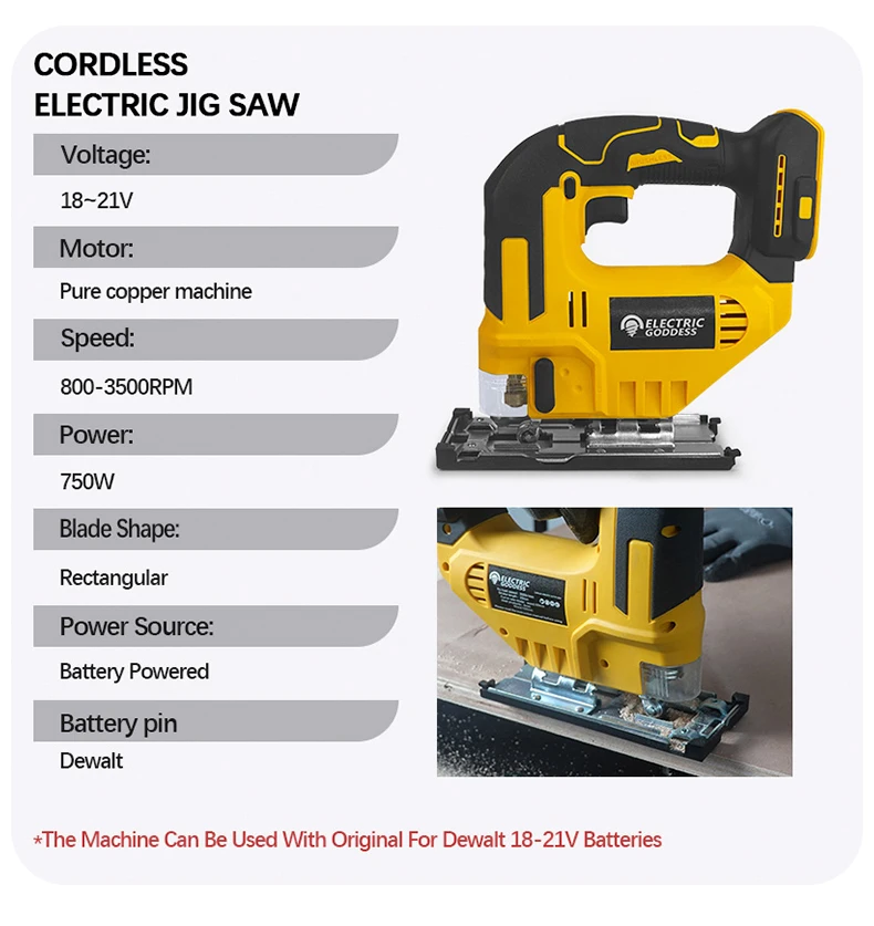 Electric Goddess 750W Brushless Jigsaw Electric Jig with Saw Blade Cordless Barrel Handle Jigsaw Tool For Dewalt 20V Battery Pin