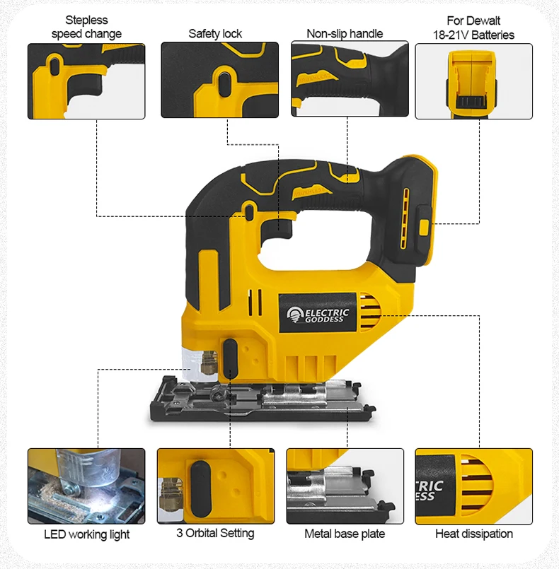 Electric Goddess 750W Brushless Jigsaw Electric Jig with Saw Blade Cordless Barrel Handle Jigsaw Tool For Dewalt 20V Battery Pin