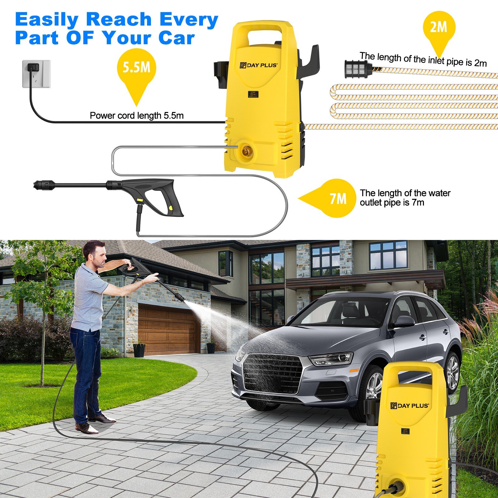 Electric High Pressure Washer 1600W,120bar,380l/h Adjustable Lance from 0 to 180°,7m Flexible Hose,for Terraces,Gardens,Cars Electric High Pressure Washer 1600W,120bar,380l/h Adjustable Lance from 0 to 180°,7m Flexible Hose,for Terraces,Gardens,Cars