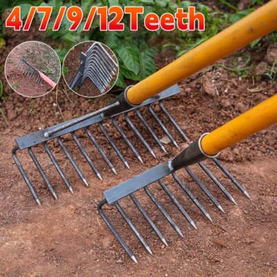 Gardening Hoe Weeding Rake Grasping Raking Level Loosen Soil Harrow Steel Farm Tool Clean Leaves Collect Weeds Agricultural Tool