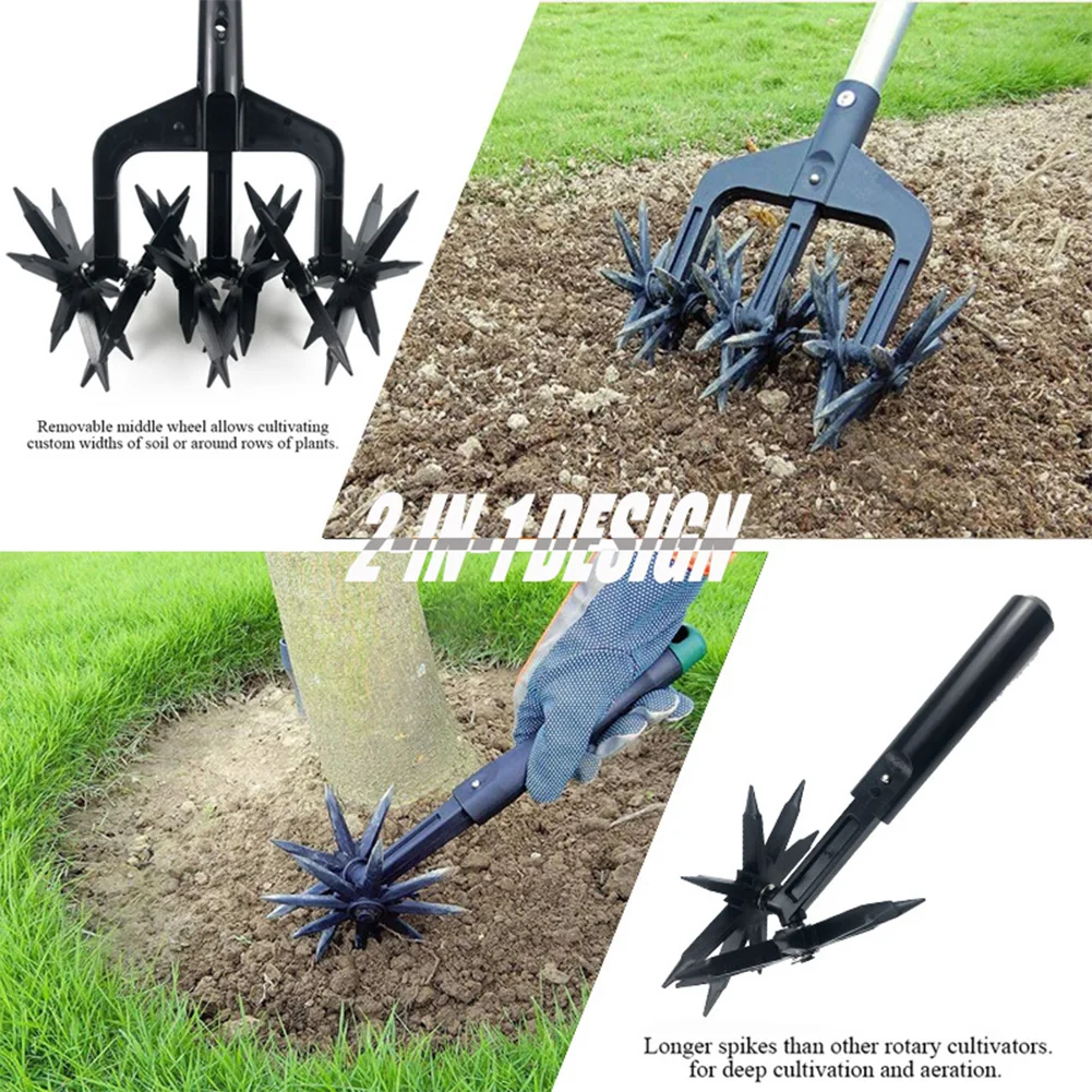2 In 1 Garden Rotary Tiller Lawn Ripper Land Aerator Gardening Tool Weeding Digging Grass Turning Tool Loose Soil Aerator