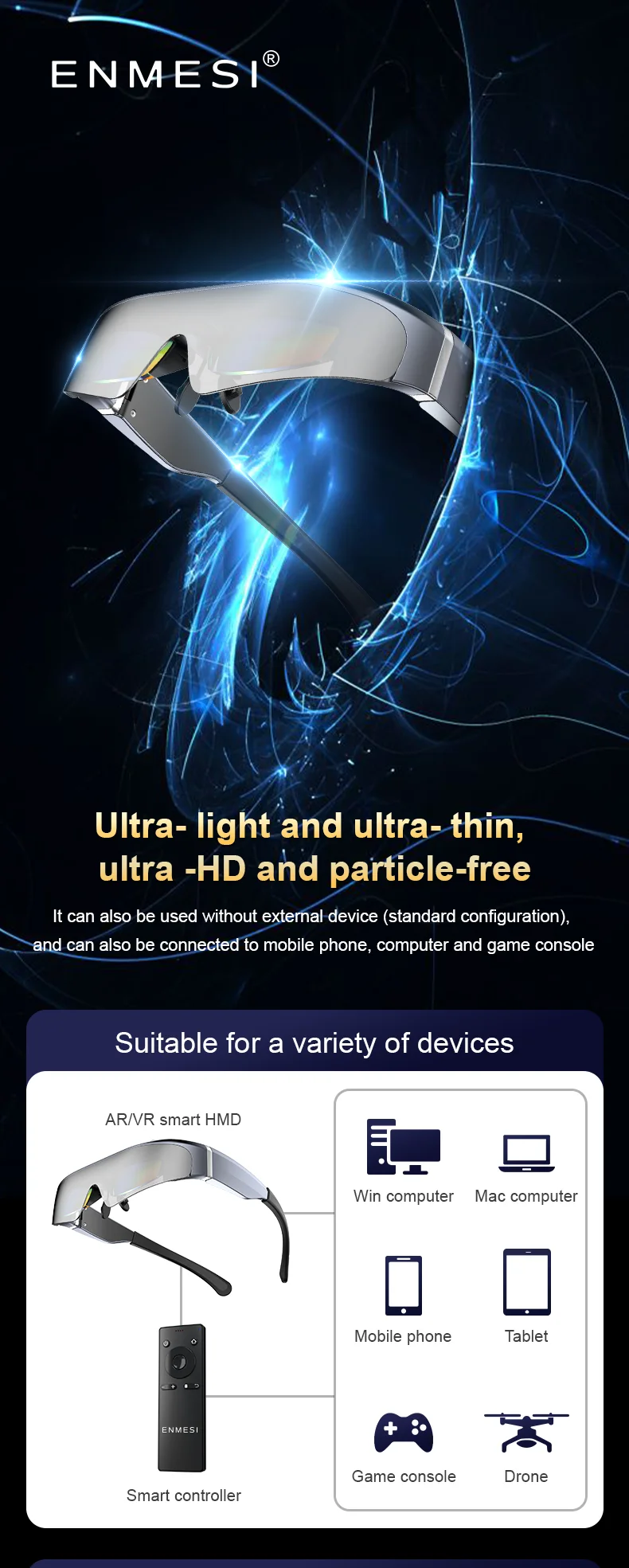 New Design ultra light and thin 3D Smart Video Glasses Virtual Reality Games 3d vr headset HD giant screen cinema smart glasses