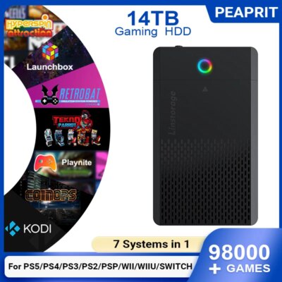 PEAPRIT 14TB Gaming HDD with Hyperspin Launchbox Retrobat Playnite Coinops 98K+ Retro Video Games Console for PS5/PS4/PS3/SWITCH