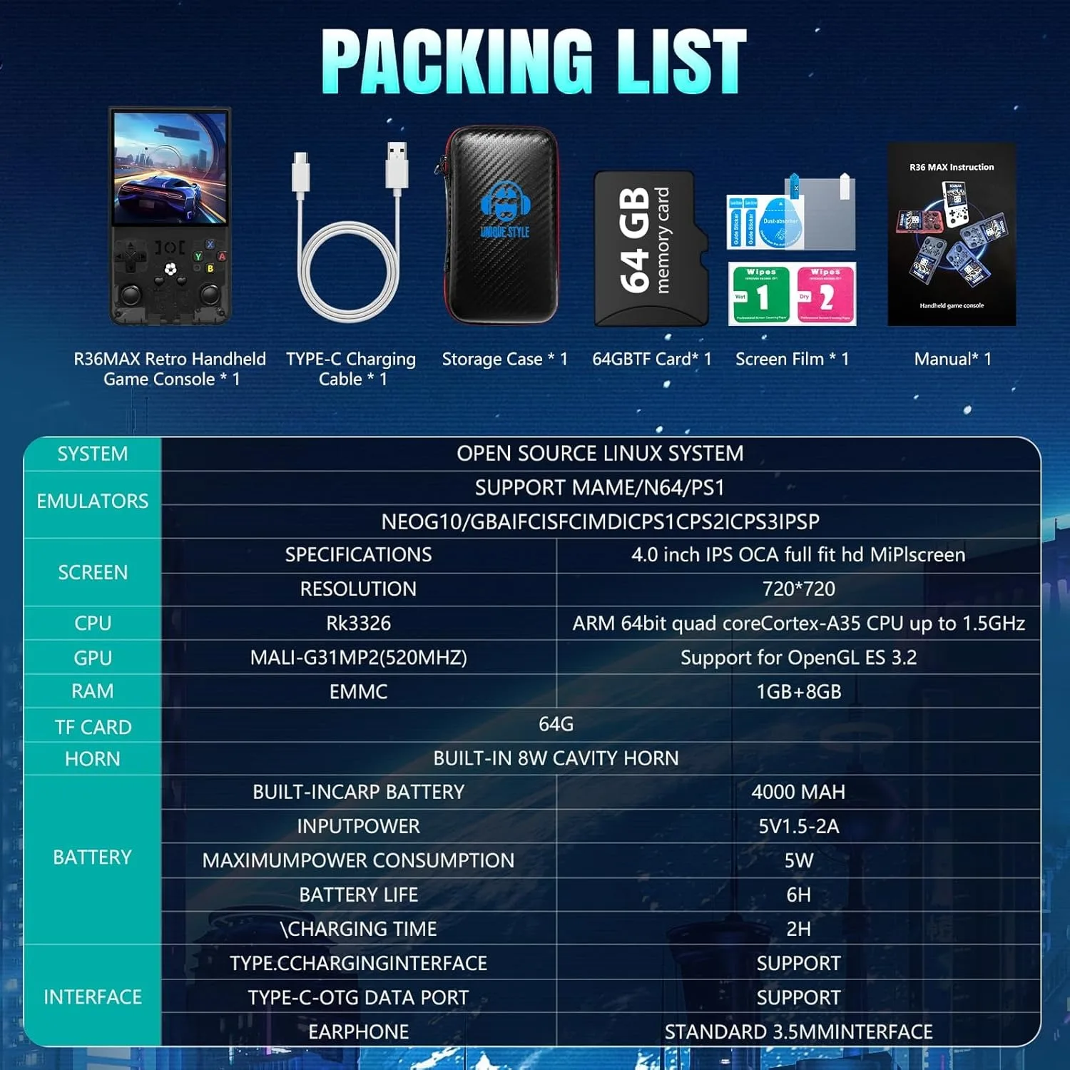 WDYQJE Gaming Console Handheld R36MAX Retro Handheld Game Console Linux System 4'' IPS Screen R36 Portable Pocket Video Player WDYQJE Gaming Console Handheld R36MAX Retro Handheld Game Console Linux System 4'' IPS Screen R36 Portable Pocket Video Player