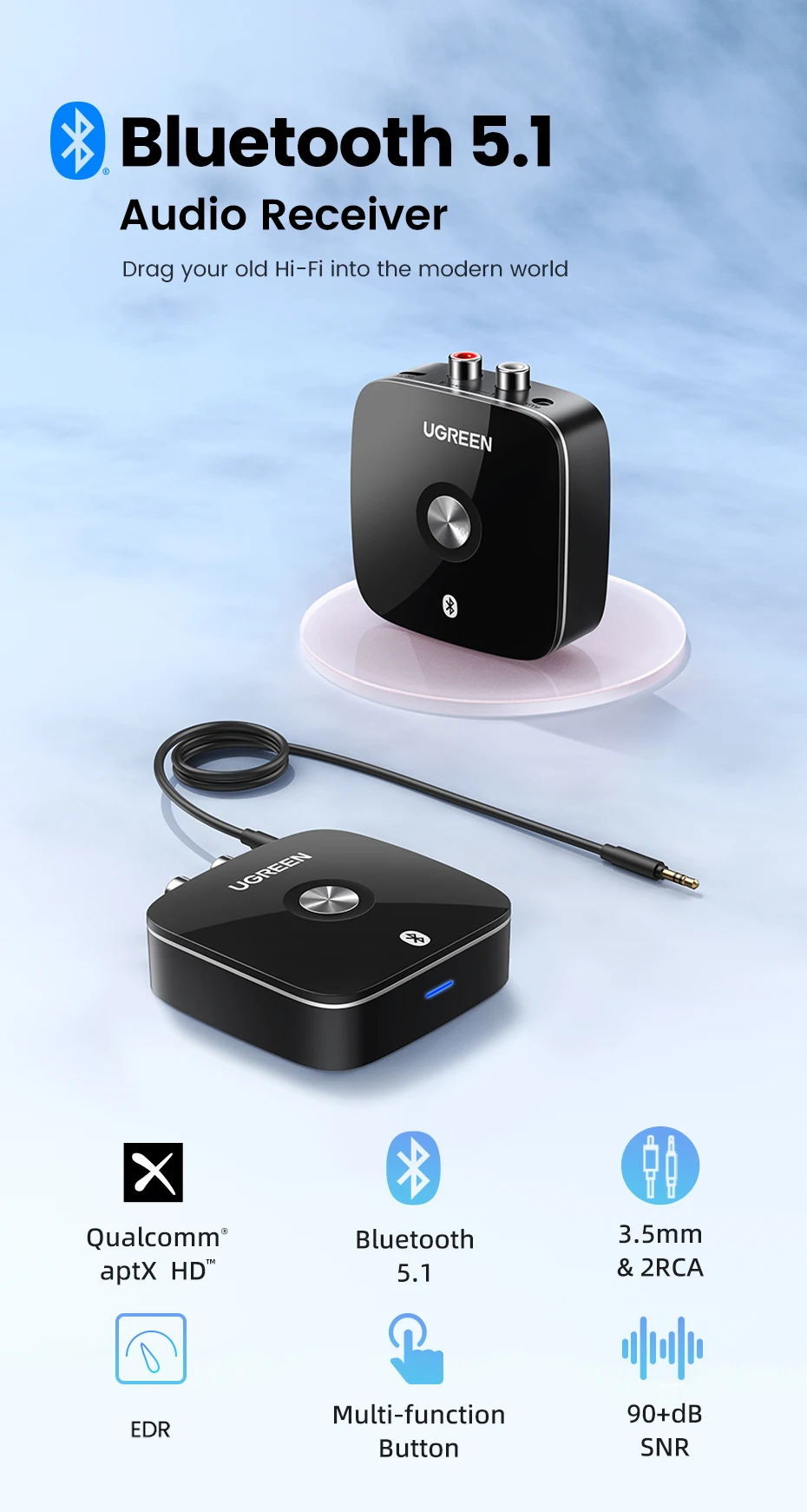 UGREEN Bluetooth RCA Receiver 5.1 aptX HD 3.5mm Jack Aux Wireless Adapter Music for TV Car 2RCA Bluetooth Audio Receiver aptX UGREEN Bluetooth RCA Receiver 5.1 aptX HD 3.5mm Jack Aux Wireless Adapter Music for TV Car 2RCA Bluetooth Audio Receiver aptX