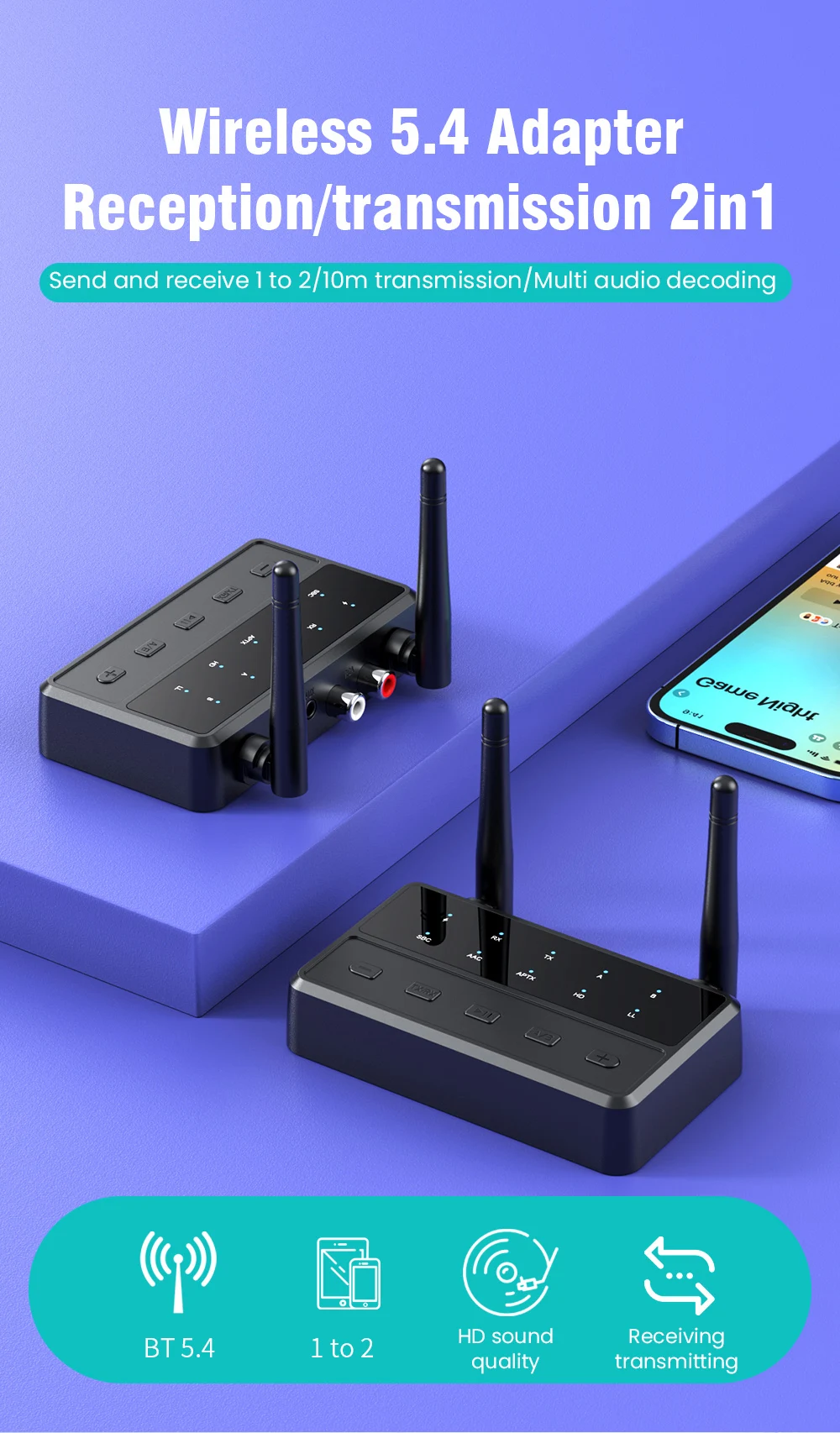 Bluetooth 5.4 Receiver Transmitter aptX HD/LL Low Latency 3.5mm AUX RCA Wireless Audio Adapter Connect two Bluetooth devices