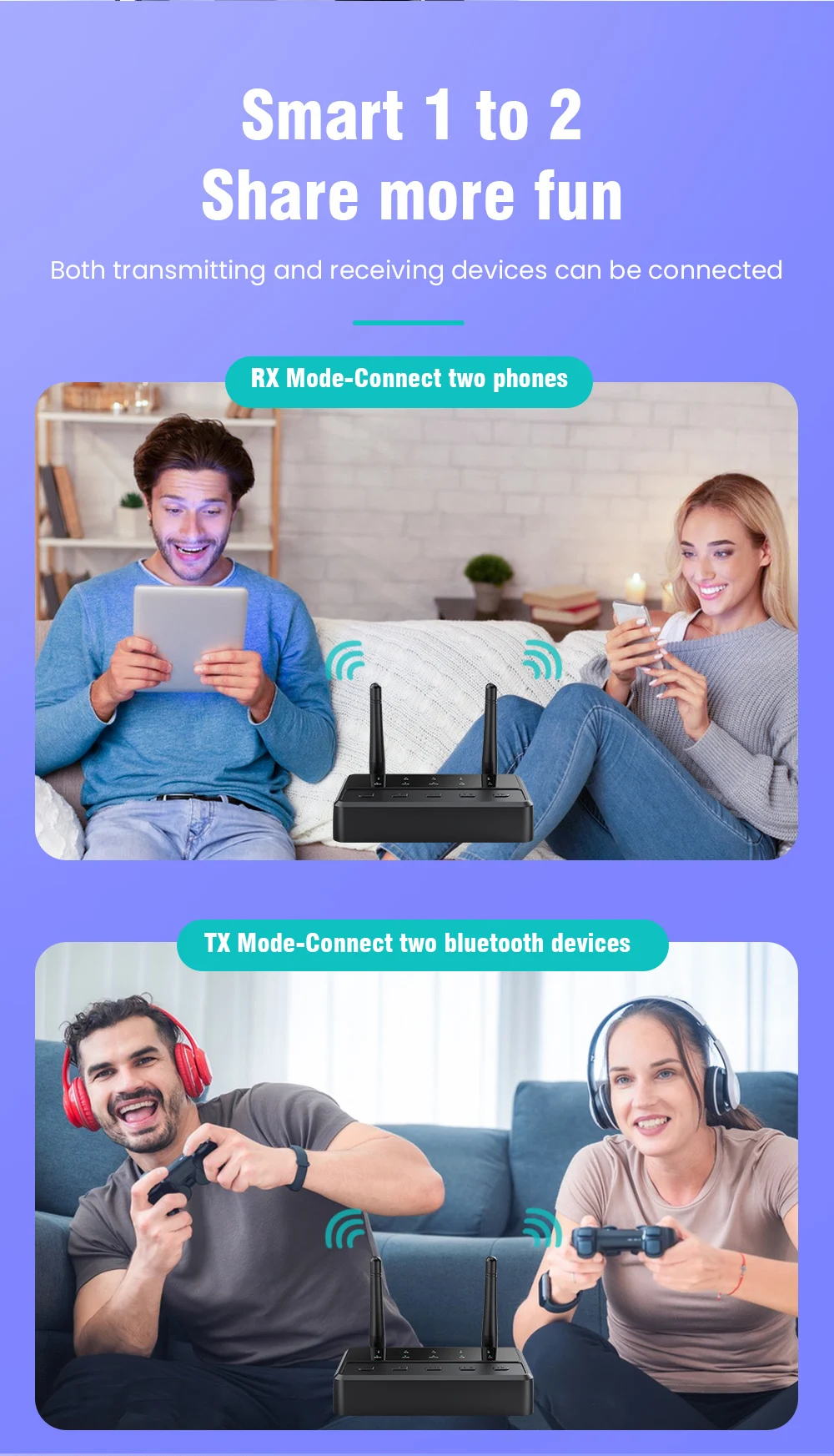 Bluetooth 5.4 Receiver Transmitter aptX HD/LL Low Latency 3.5mm AUX RCA Wireless Audio Adapter Connect two Bluetooth devices