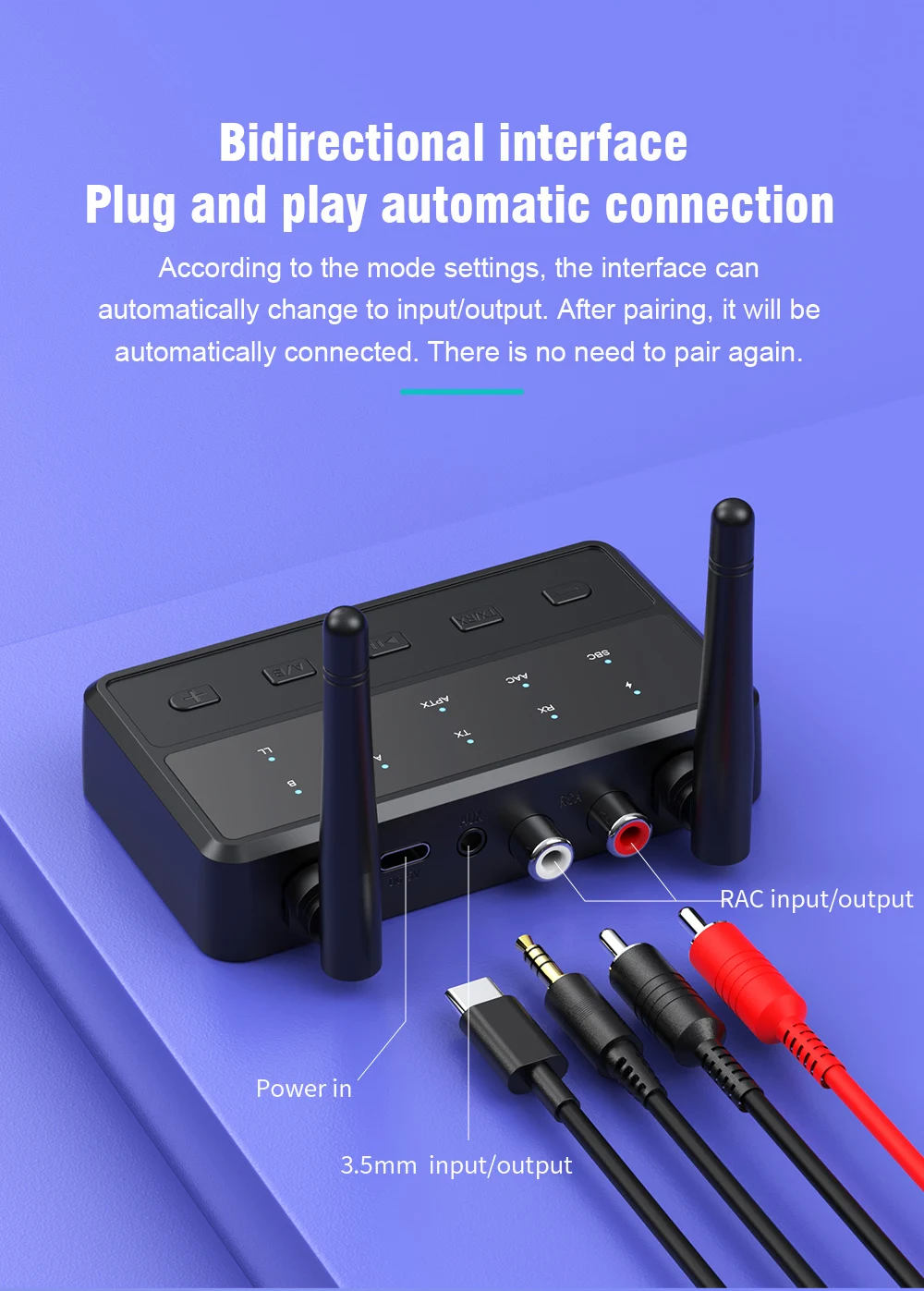 Bluetooth 5.4 Receiver Transmitter aptX HD/LL Low Latency 3.5mm AUX RCA Wireless Audio Adapter Connect two Bluetooth devices