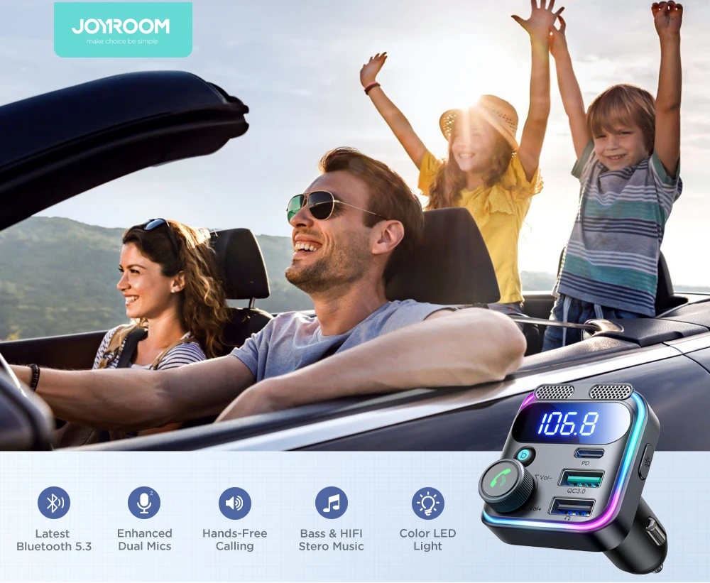 JOYROOM 48W Bluetooth 5.3 Car FM Transmitter Dual Mics PD&QC 3.0 Car Fast Charging Charger Adapter U Disk Hands-Free Calling