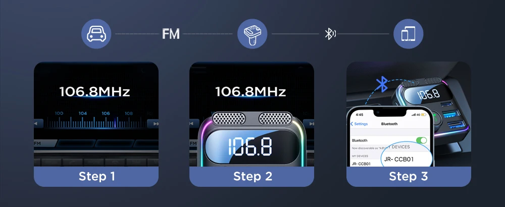 JOYROOM 48W Bluetooth 5.3 Car FM Transmitter Dual Mics PD&QC 3.0 Car Fast Charging Charger Adapter U Disk Hands-Free Calling