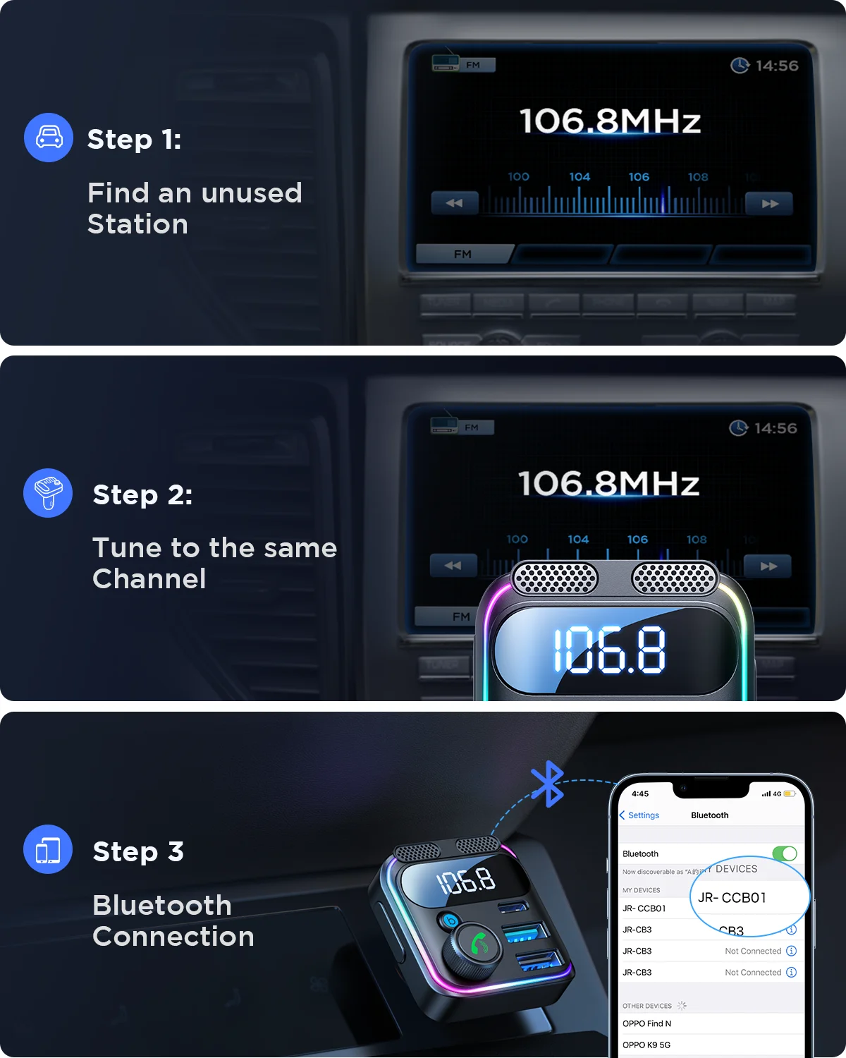 JOYROOM 48W Bluetooth 5.3 Car FM Transmitter Dual Mics PD&QC 3.0 Car Fast Charging Charger Adapter U Disk Hands-Free Calling