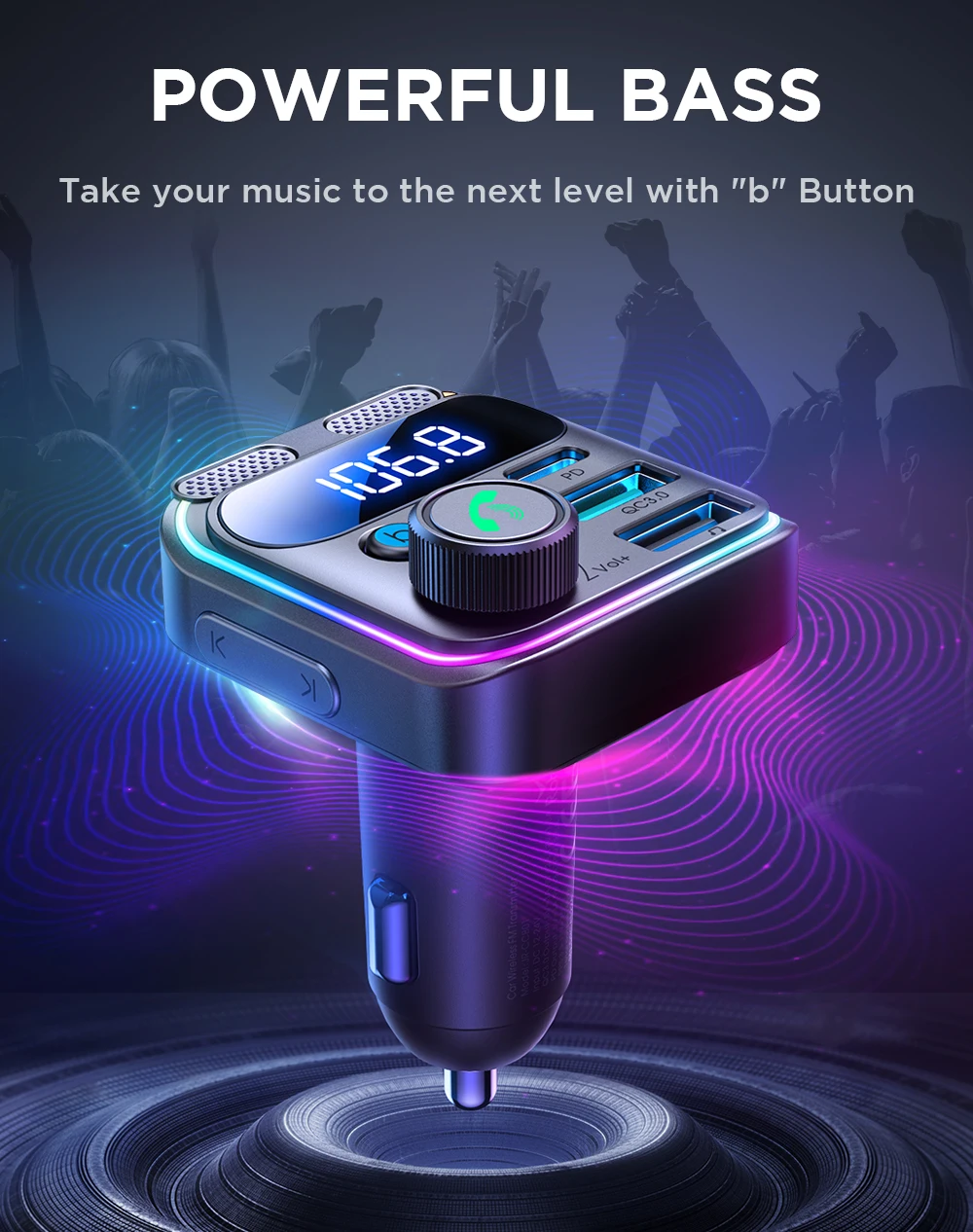 JOYROOM 48W Bluetooth 5.3 Car FM Transmitter Dual Mics PD&QC 3.0 Car Fast Charging Charger Adapter U Disk Hands-Free Calling