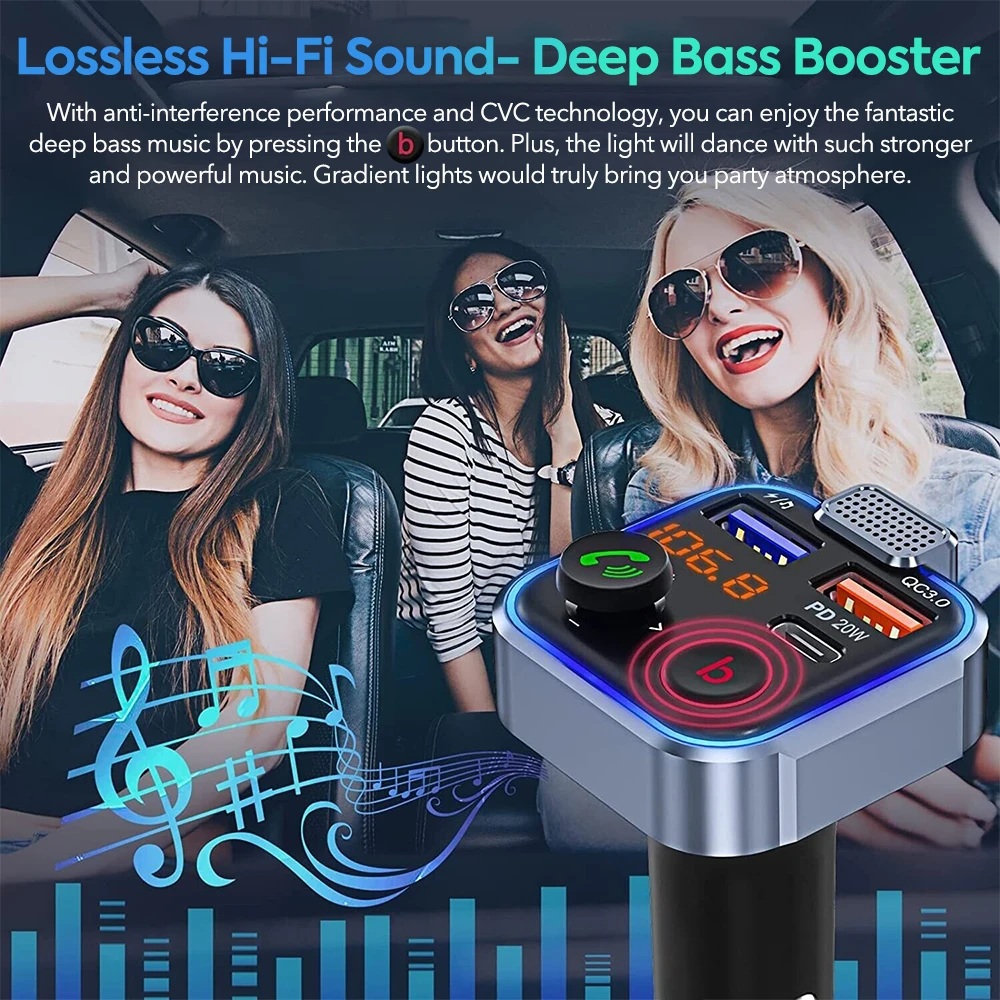 Bluetooth Adapter for Car, Wireless FM Radio Transmitter, Handsfree Calling & Audio Receiver, MP3 Music Player, PD 20W QC 18W