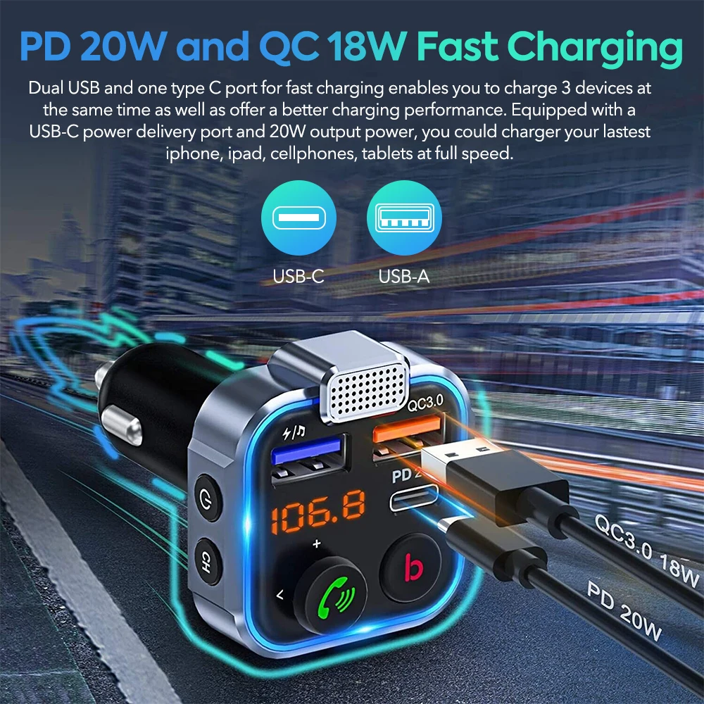 Bluetooth Adapter for Car, Wireless FM Radio Transmitter, Handsfree Calling & Audio Receiver, MP3 Music Player, PD 20W QC 18W