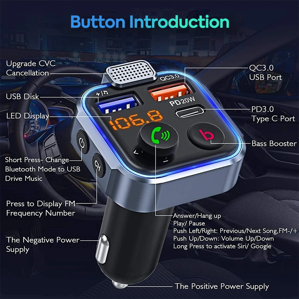 Bluetooth Adapter for Car, Wireless FM Radio Transmitter, Handsfree Calling & Audio Receiver, MP3 Music Player, PD 20W QC 18W