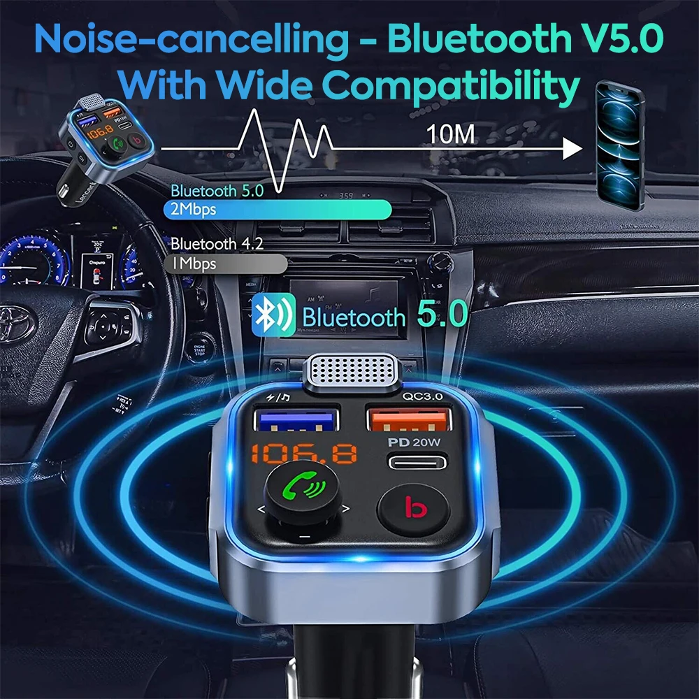 Bluetooth Adapter for Car, Wireless FM Radio Transmitter, Handsfree Calling & Audio Receiver, MP3 Music Player, PD 20W QC 18W