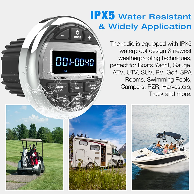 Boat Radio Media Player Marine Stereo MP3 Waterproof Bluetooth Audio Radio FM AM Receiver Fit for Harvesters ATV UTV SPA RZR Boat Radio Media Player Marine Stereo MP3 Waterproof Bluetooth Audio Radio FM AM Receiver Fit for Harvesters ATV UTV SPA RZR