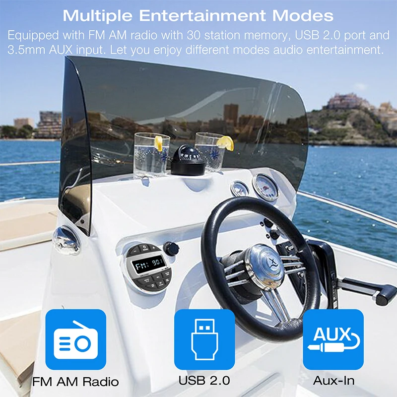 Boat Radio Media Player Marine Stereo MP3 Waterproof Bluetooth Audio Radio FM AM Receiver Fit for Harvesters ATV UTV SPA RZR Boat Radio Media Player Marine Stereo MP3 Waterproof Bluetooth Audio Radio FM AM Receiver Fit for Harvesters ATV UTV SPA RZR