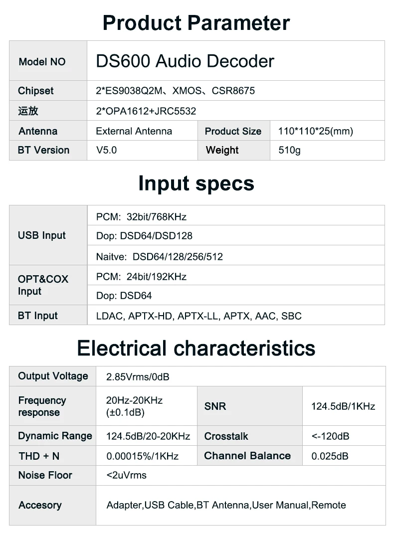 1Mii DS600 Hi-Res DAC DSD512 & PCM 32bit/768kHz XMOS XU208 & 2 X ES9038Q2M D Class Amplifier Bluetooth Audio Receiver 1Mii DS600 Hi-Res DAC DSD512 & PCM 32bit/768kHz XMOS XU208 & 2 X ES9038Q2M D Class Amplifier Bluetooth Audio Receiver