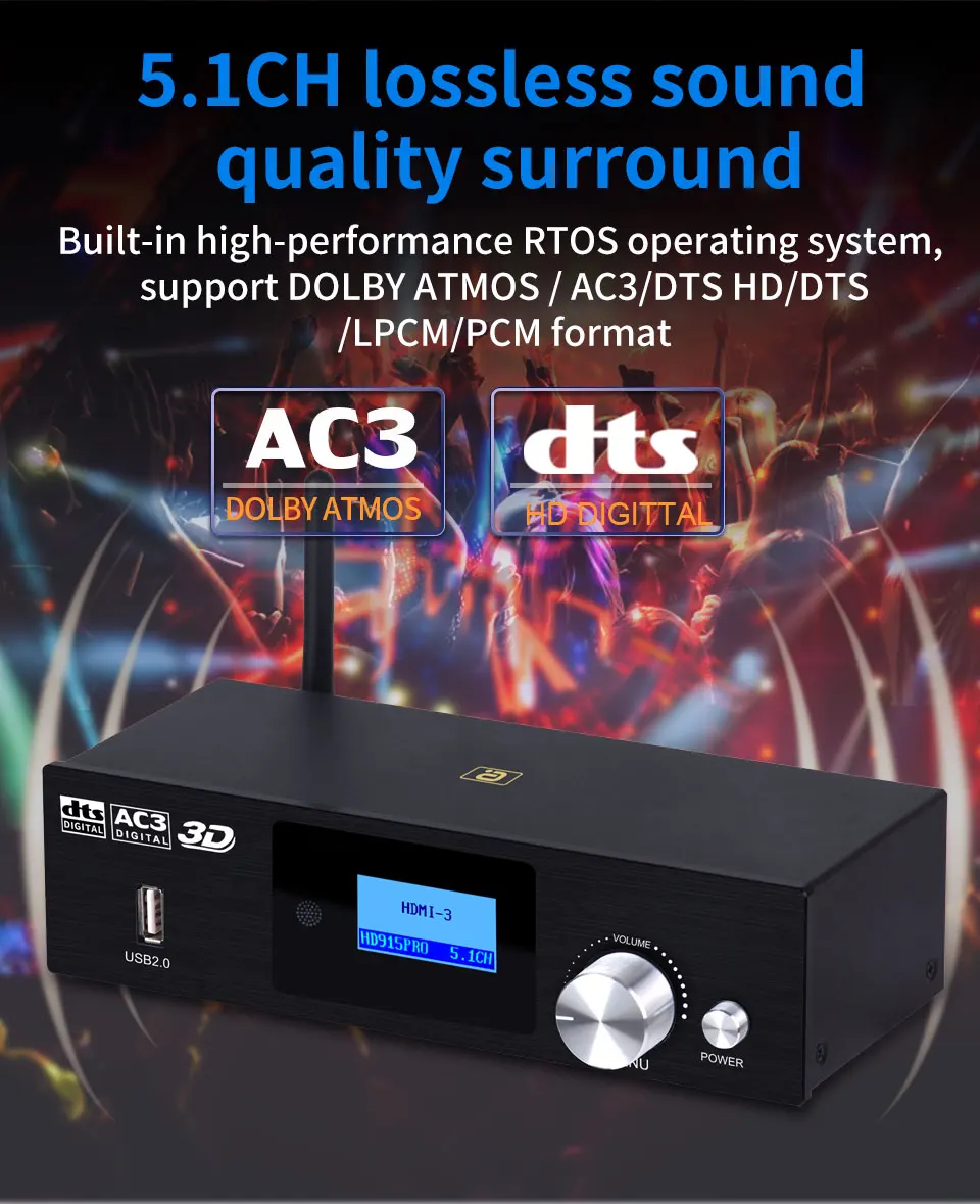 HD915PRO 5.1CH HD Audio Decoder Bluetooth 5.0 Reciever Dolby Atmos DTS AC3 HDMI2.0-Compatible 4K3D Converter SPDIF ARC PCUSB DAC