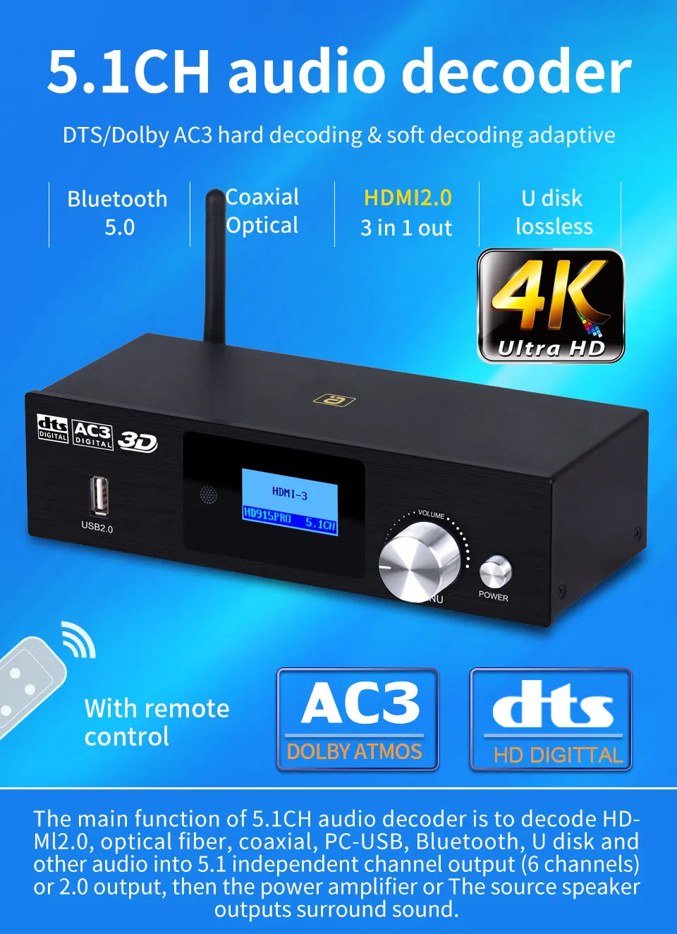 HD915PRO 5.1CH HD Audio Decoder Bluetooth 5.0 Reciever Dolby Atmos DTS AC3 HDMI2.0-Compatible 4K3D Converter SPDIF ARC PCUSB DAC