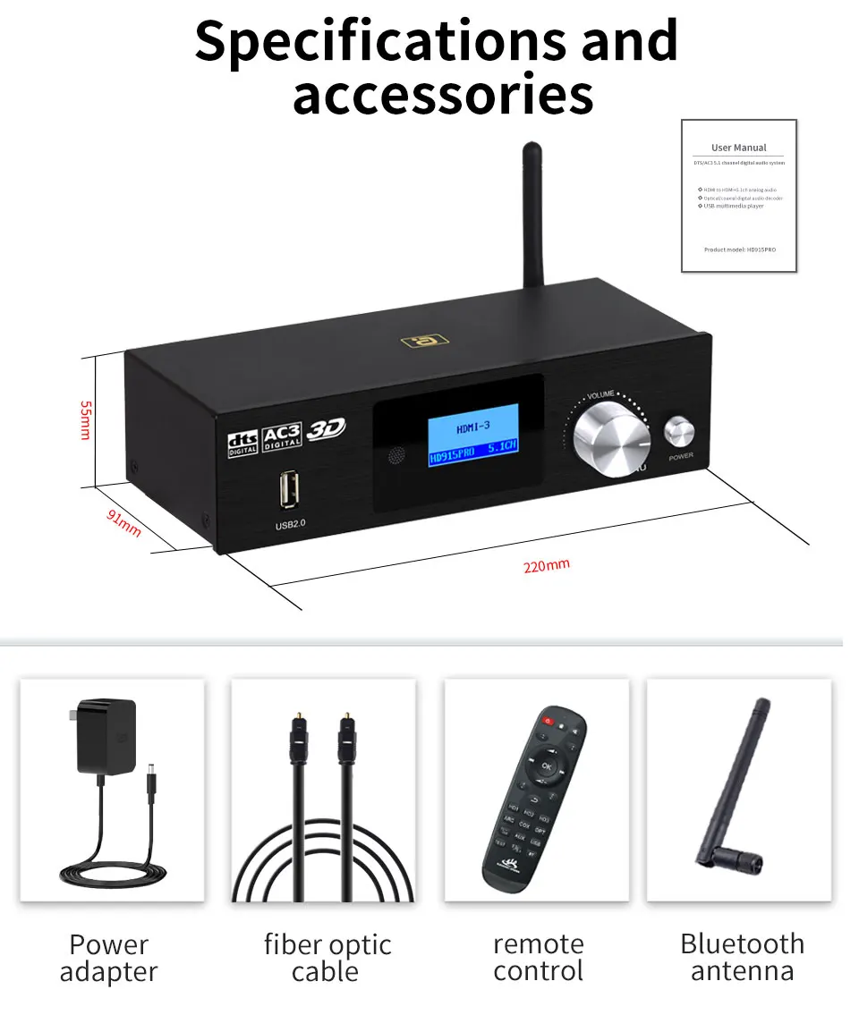 HD915PRO 5.1CH HD Audio Decoder Bluetooth 5.0 Reciever Dolby Atmos DTS AC3 HDMI2.0-Compatible 4K3D Converter SPDIF ARC PCUSB DAC