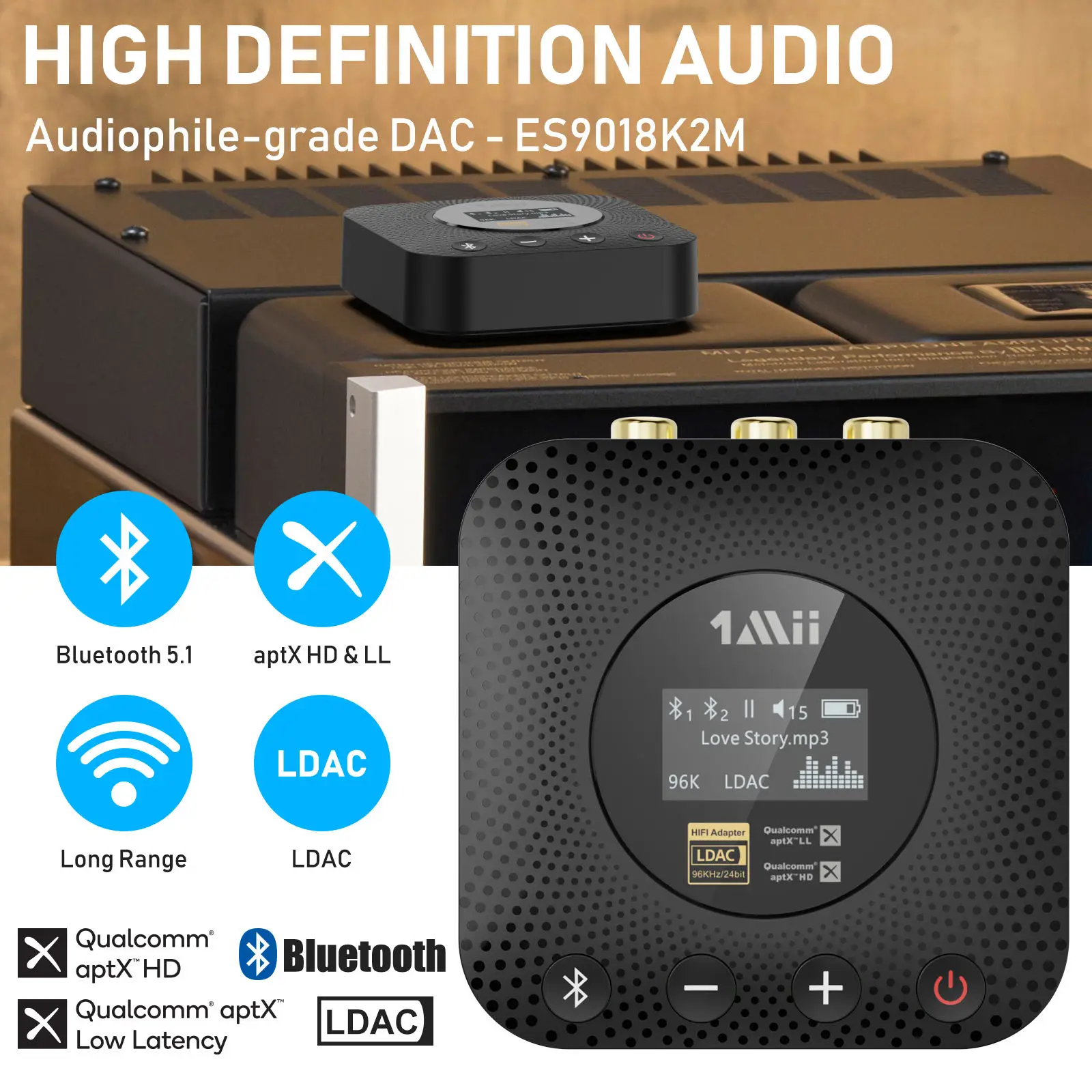 1Mii B06HD+ Hi-Res Bluetooth 5.1 Music Receiver for Home Stereo w/LDAC OLED Display for Wireless AV Receiver/Amplifier
