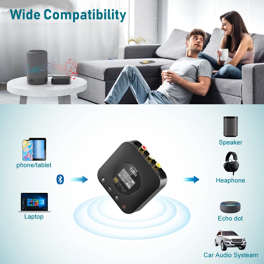1Mii B06HD+ Hi-Res Bluetooth 5.1 Music Receiver for Home Stereo w/LDAC OLED Display for Wireless AV Receiver/Amplifier