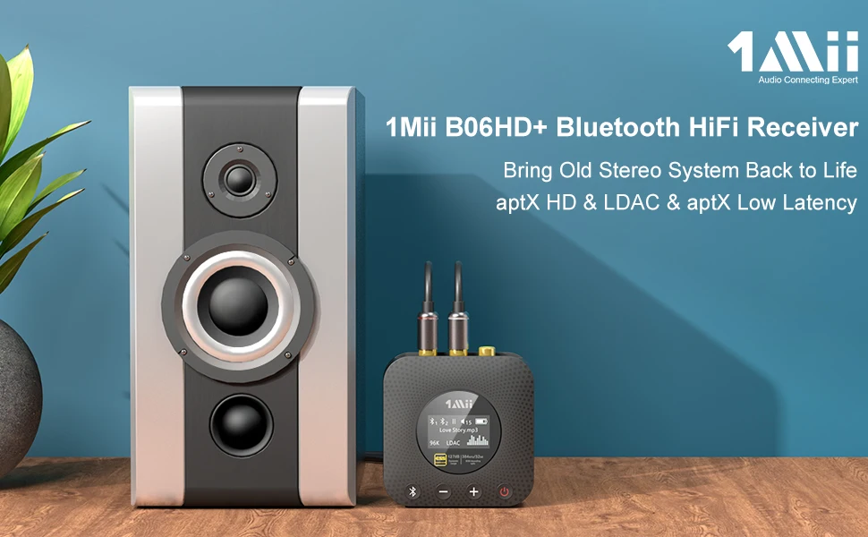 1Mii B06HD+ Hi-Res Bluetooth 5.1 Music Receiver for Home Stereo w/LDAC OLED Display for Wireless AV Receiver/Amplifier