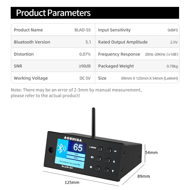 AOSHIDA BLAD-S5 Bluetooth FM Audio Reciver Bluetooth5.1 Converter 20 Meters Strong Signal RM Radio ES9038 Decoding USB DAC OPA16