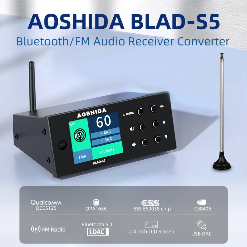 AOSHIDA BLAD-S5 Bluetooth FM Audio Reciver Bluetooth5.1 Converter 20 Meters Strong Signal RM Radio ES9038 Decoding USB DAC OPA16