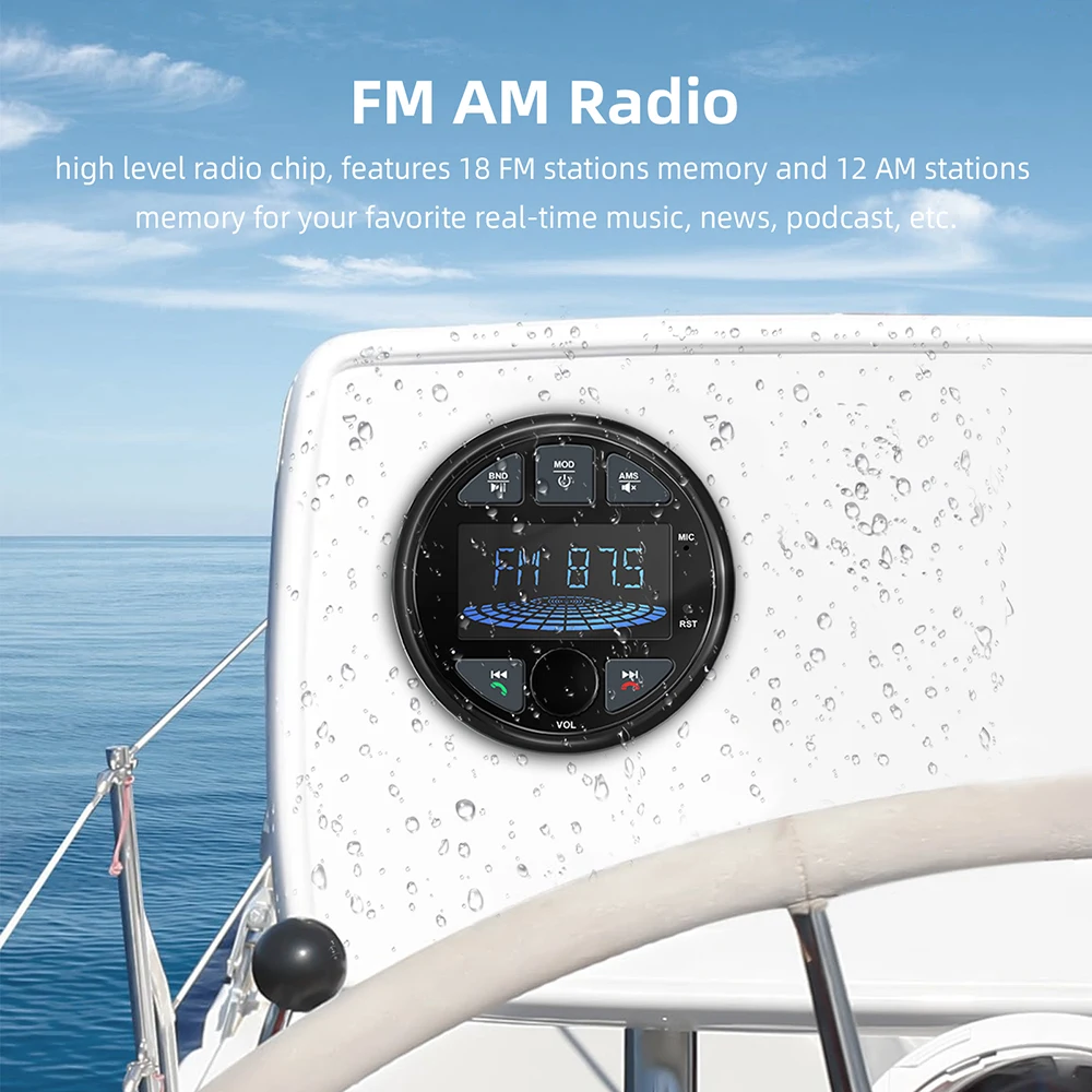 2025 Boat Radio Marine Stereo Source Media Player AM FM RDS Receiver MP3 MP4 Video Play Bluetooth AUX for ATV UTV Cart Motorcycl