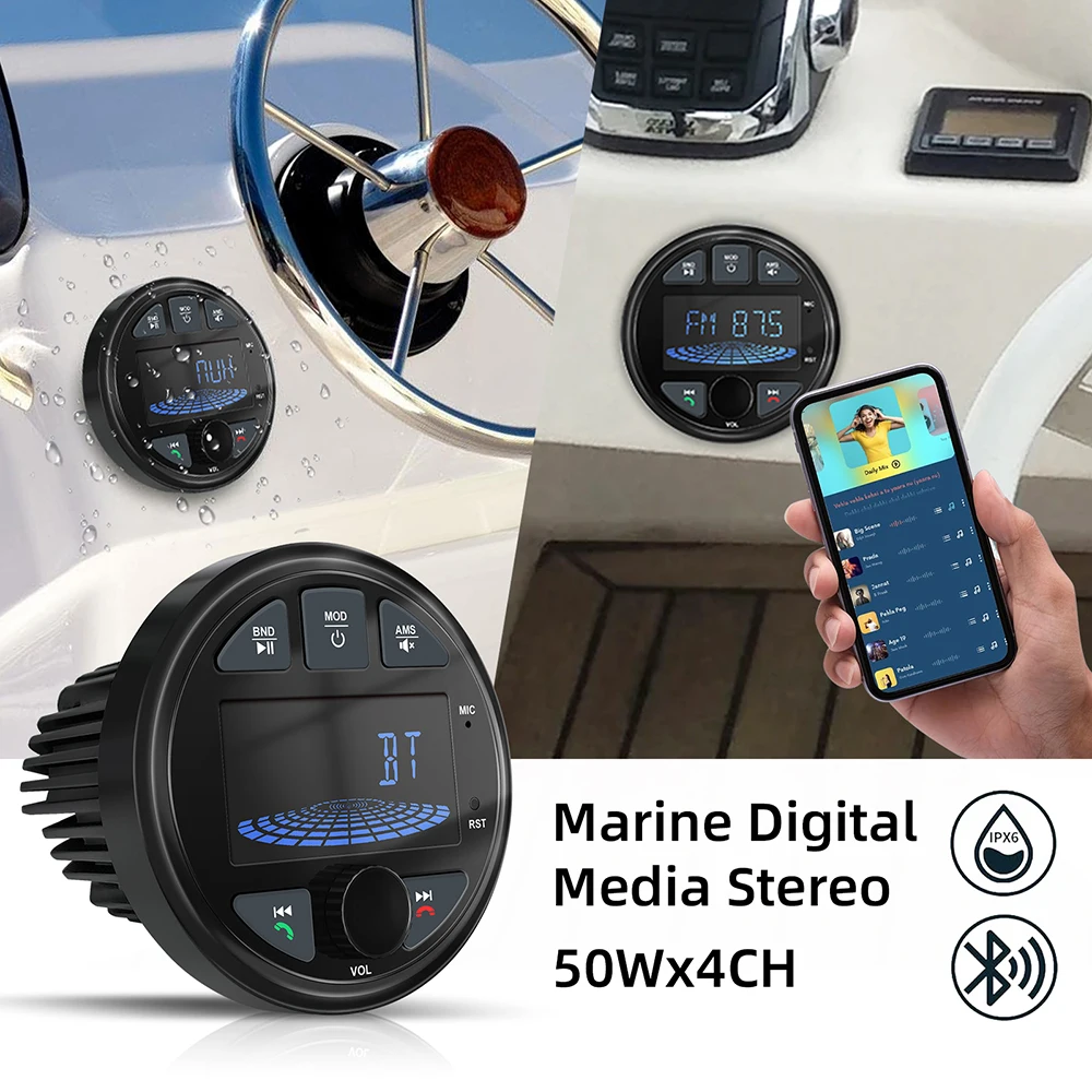 2025 Boat Radio Marine Stereo Source Media Player AM FM RDS Receiver MP3 MP4 Video Play Bluetooth AUX for ATV UTV Cart Motorcycl